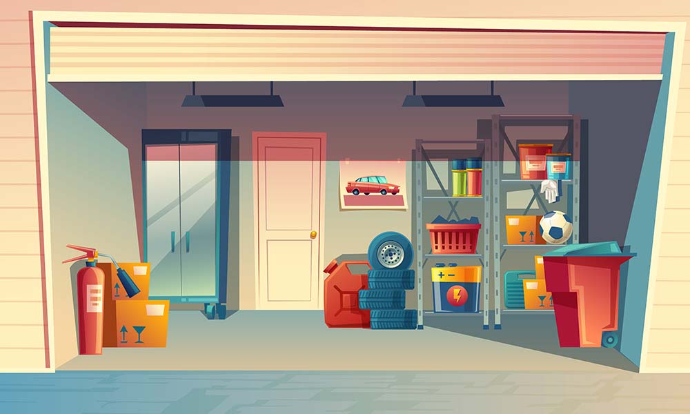 Illustration of garage interior, storage room